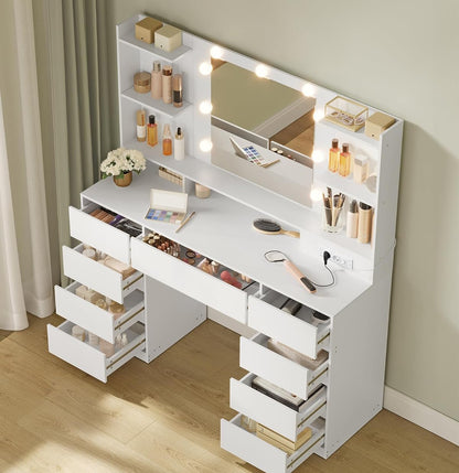 Τραπέζι Μπουντουάρ Μακιγιάζ Tουαλέτας με Καθρέφτη και φώτα LED Πολύπριζο Συρτάρια 3 χρώματα Φωτός RD-T141WB02