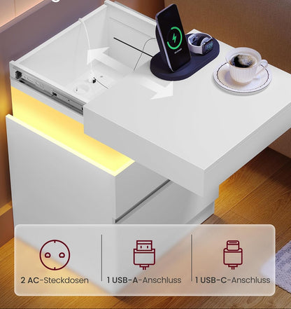 Κομοδίνο με Σταθμό Φόρτισης Σετ 2 τεμαχίων Φωτισμός LED Βοηθητικό Τραπεζάκι Μοντέρνο με Συρτάρια, 2 Πρίζες AC και Θύρες USB LET-829WB01