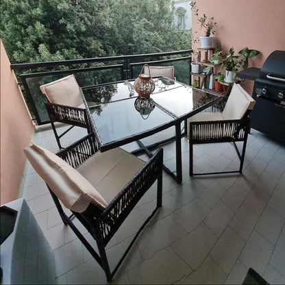 Τραπεζαρία Κήπου Τραπέζι Βεράντας με 4 καρέκλες Σετ με Μαξιλάρια Πλενόμενα Κρεμ Μαύρο Ρατταν B0-D62RJFPF