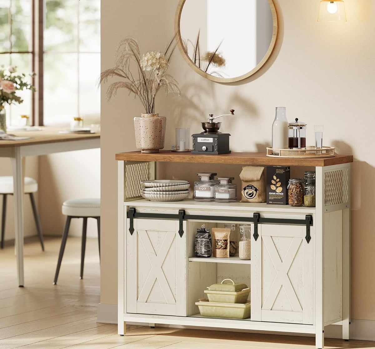 Έπιπλο Εισόδου Μπουφές Κονσόλα Βοηθητικό Κουζίνας με 2 Συρόμενες Πόρτες 33 x 100 x 80 εκ Λευκό με Μελί LS-C092W01