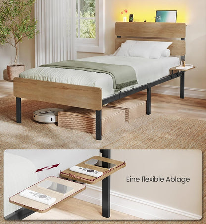 Σκελετός Μονού Κρεβατιού 90 x 200 εκ Μεταλλικός Σκελετός Φωτισμός LED Θύρα USB Αποθήκευση Κάτω από το Κρεβάτι Boho Φυσικό Καφέ RMB-102K01