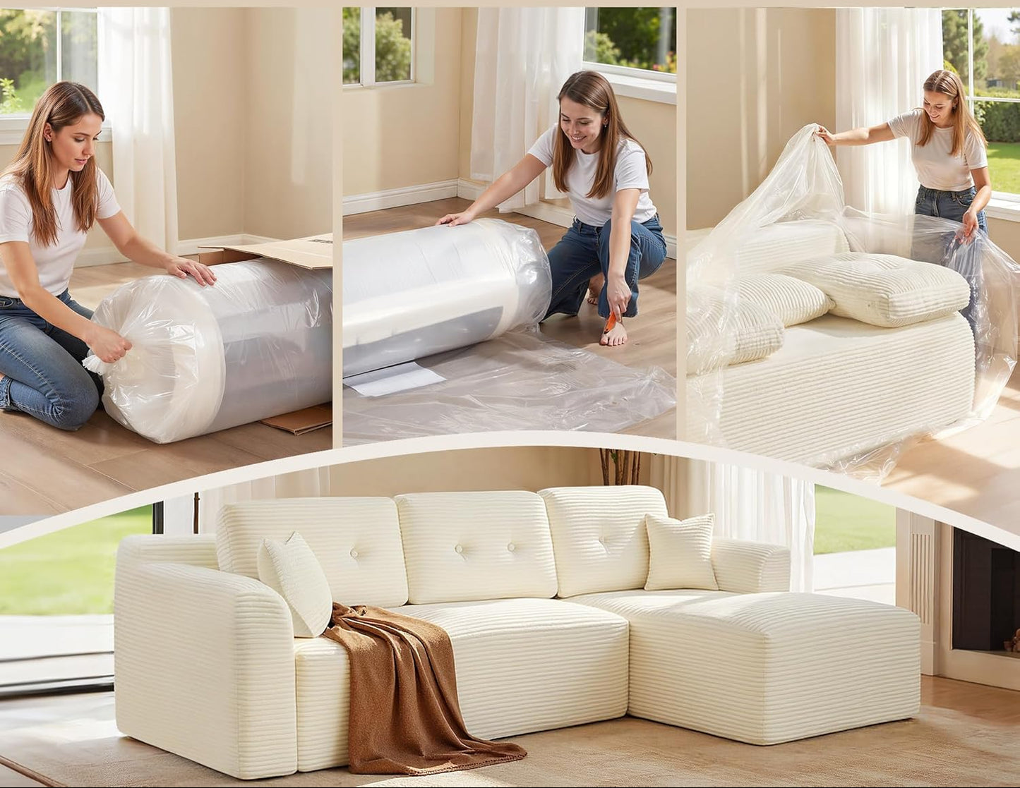 Γωνιακός Καναπές Κρεβάτι Δεξιά Γωνία Πολυμορφικός Εργονομικός Κάθισμα 43 εκ Χωρίς Συναρμολόγηση για Σαλόνι Δωμάτιο επισκεπτών κρεμ και γκρί LCS-184WD01