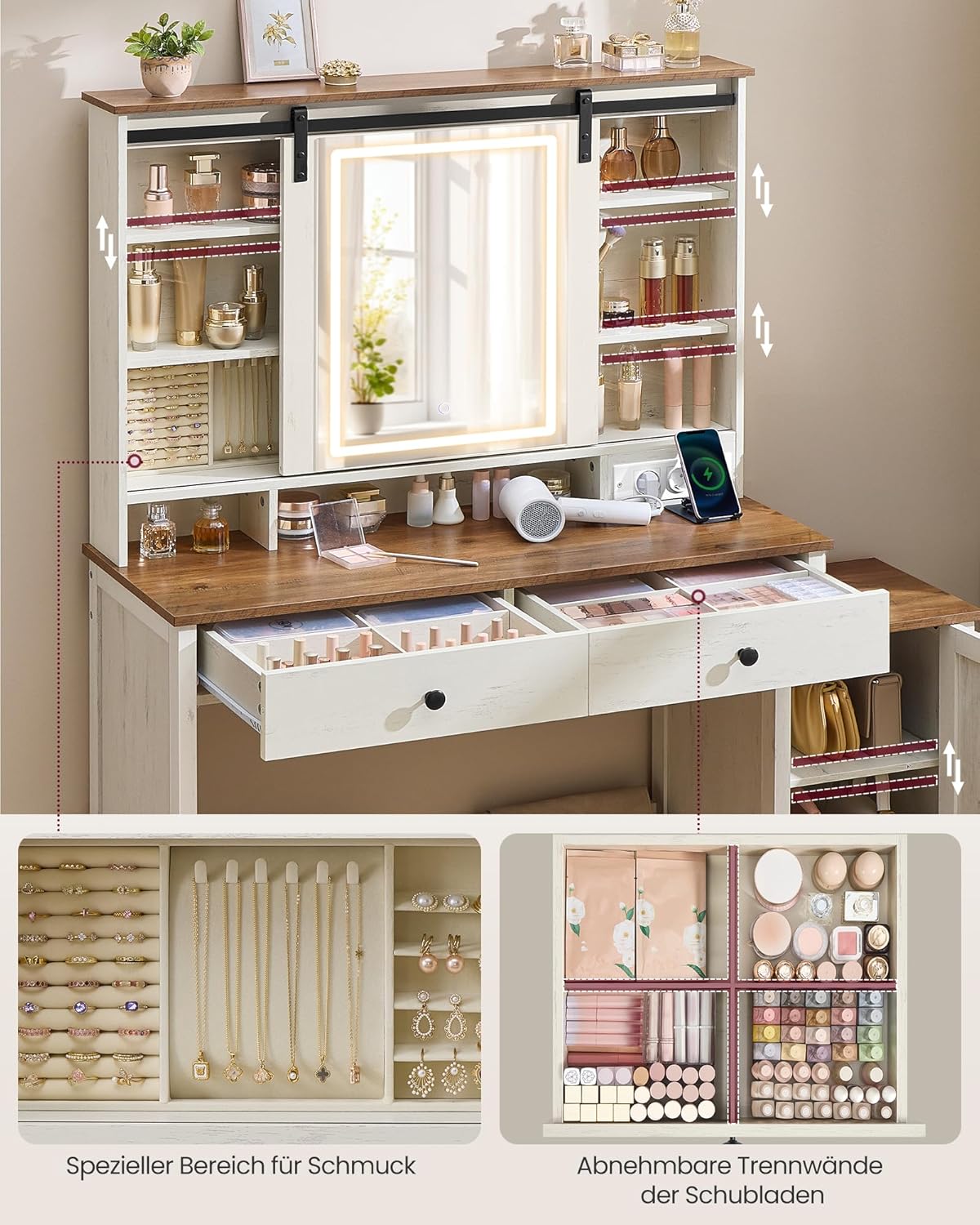 Τραπέζι Μπουντουάρ Μακιγιάζ Tουαλέτας Με Σκαμπό Κρεβατοκάμαρας Καθρέφτης Αφής Ντουλάπι Κοσμημάτων και Πρίζες  Παλαιωμένο Λευκό RD-T136W01