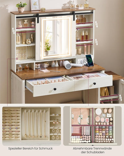 Τραπέζι Μπουντουάρ Μακιγιάζ Tουαλέτας Με Σκαμπό Κρεβατοκάμαρας Καθρέφτης Αφής Ντουλάπι Κοσμημάτων και Πρίζες  Παλαιωμένο Λευκό RD-T136W01