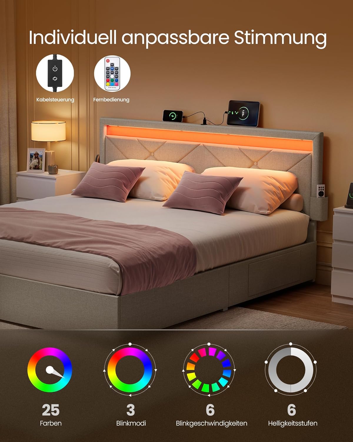 Σκελετός Διπλού Κρεβατιού 140 x 200 εκ. LED Φωτισμό 4 Συρτάρια Αποθήκευσης Σταθμός Φόρτισης Ρυθμιζόμενο Κεφαλάρι με Επένδυση Κρεβάτι Cappuccino Μπεζ RM-B827LH01