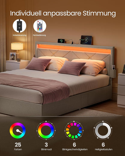 Σκελετός Διπλού Κρεβατιού 140 x 200 εκ. LED Φωτισμό 4 Συρτάρια Αποθήκευσης Σταθμός Φόρτισης Ρυθμιζόμενο Κεφαλάρι με Επένδυση Κρεβάτι Cappuccino Μπεζ RM-B827LH01