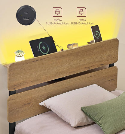 Σκελετός Μονού Κρεβατιού 90 x 200 εκ Μεταλλικός Σκελετός Φωτισμός LED Θύρα USB Αποθήκευση Κάτω από το Κρεβάτι Boho Φυσικό Καφέ RMB-102K01