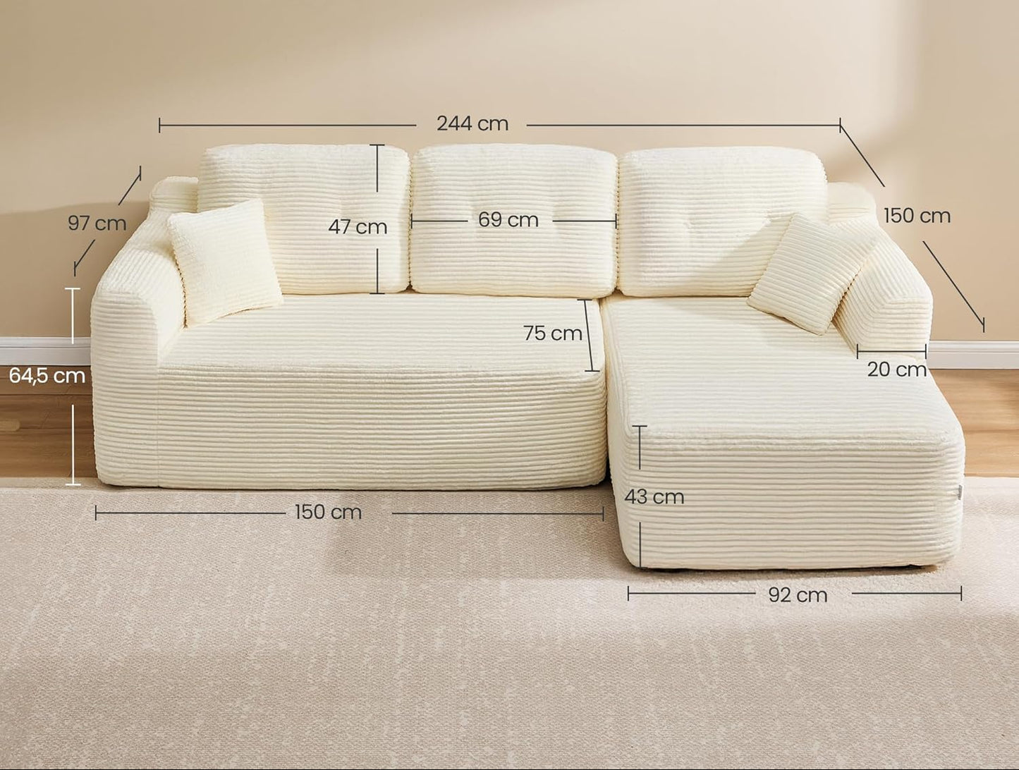 Γωνιακός Καναπές Κρεβάτι Δεξιά Γωνία Πολυμορφικός Εργονομικός Κάθισμα 43 εκ Χωρίς Συναρμολόγηση για Σαλόνι Δωμάτιο επισκεπτών κρεμ και γκρί LCS-184WD01