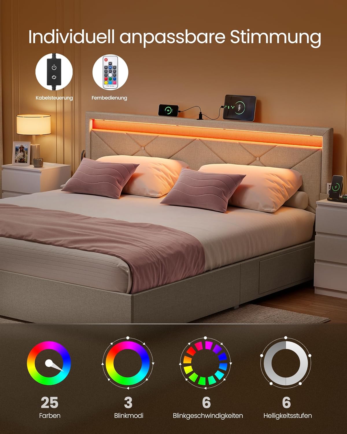 Σκελετός Διπλού Κρεβατιού 160 x 200 εκ. LED Φωτισμό 4 Συρτάρια Αποθήκευσης Σταθμός Φόρτισης Ρυθμιζόμενο Κεφαλάρι με Επένδυση Κρεβάτι Cappuccino Μπεζ RM-B828LH01