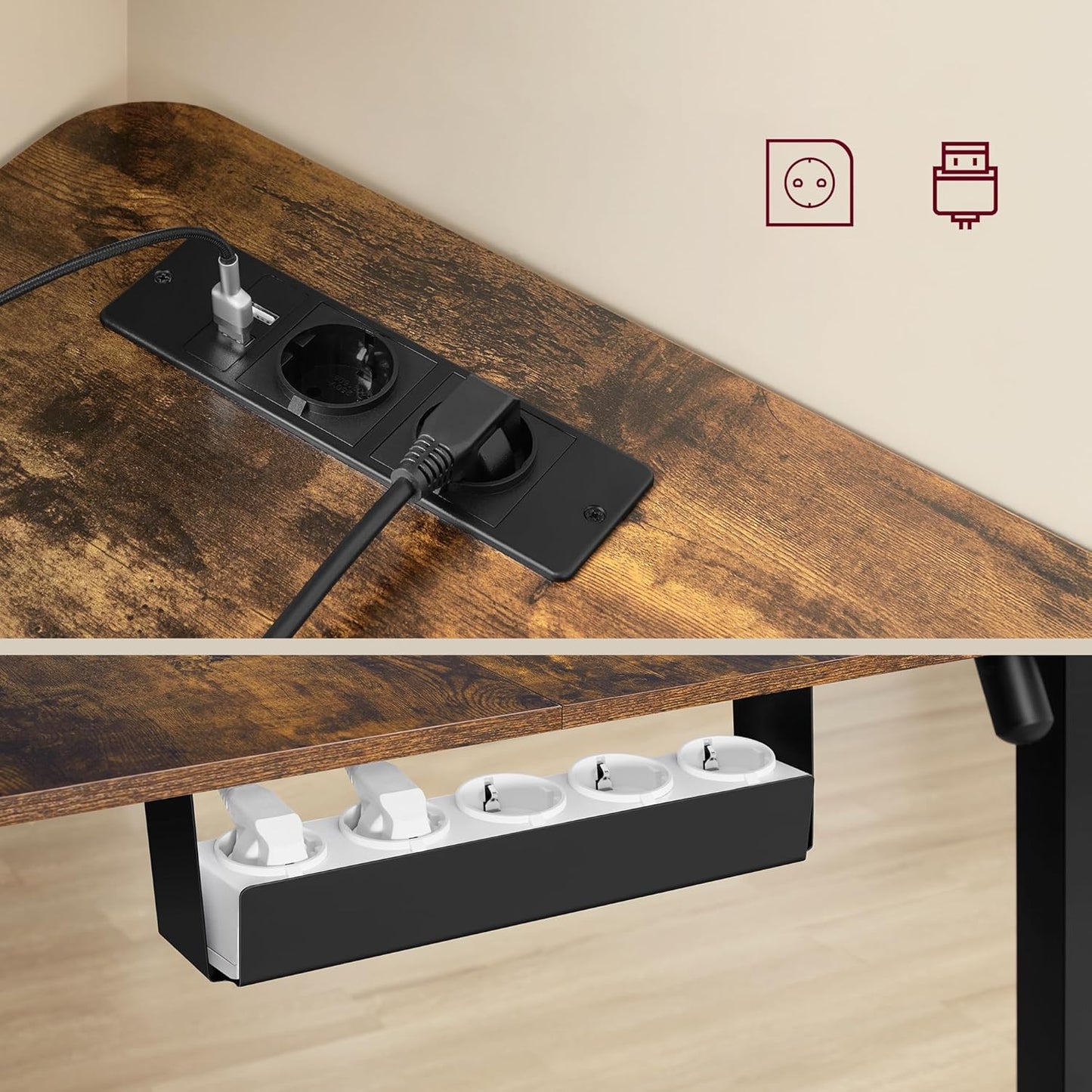 Γωνιακό Ηλεκτρικό Γραφείο Ρυθμιζόμενου Ύψους 160x140x60 Καφέ με Πρίζες USB Θύρες και Ρόδες LS-D264K01