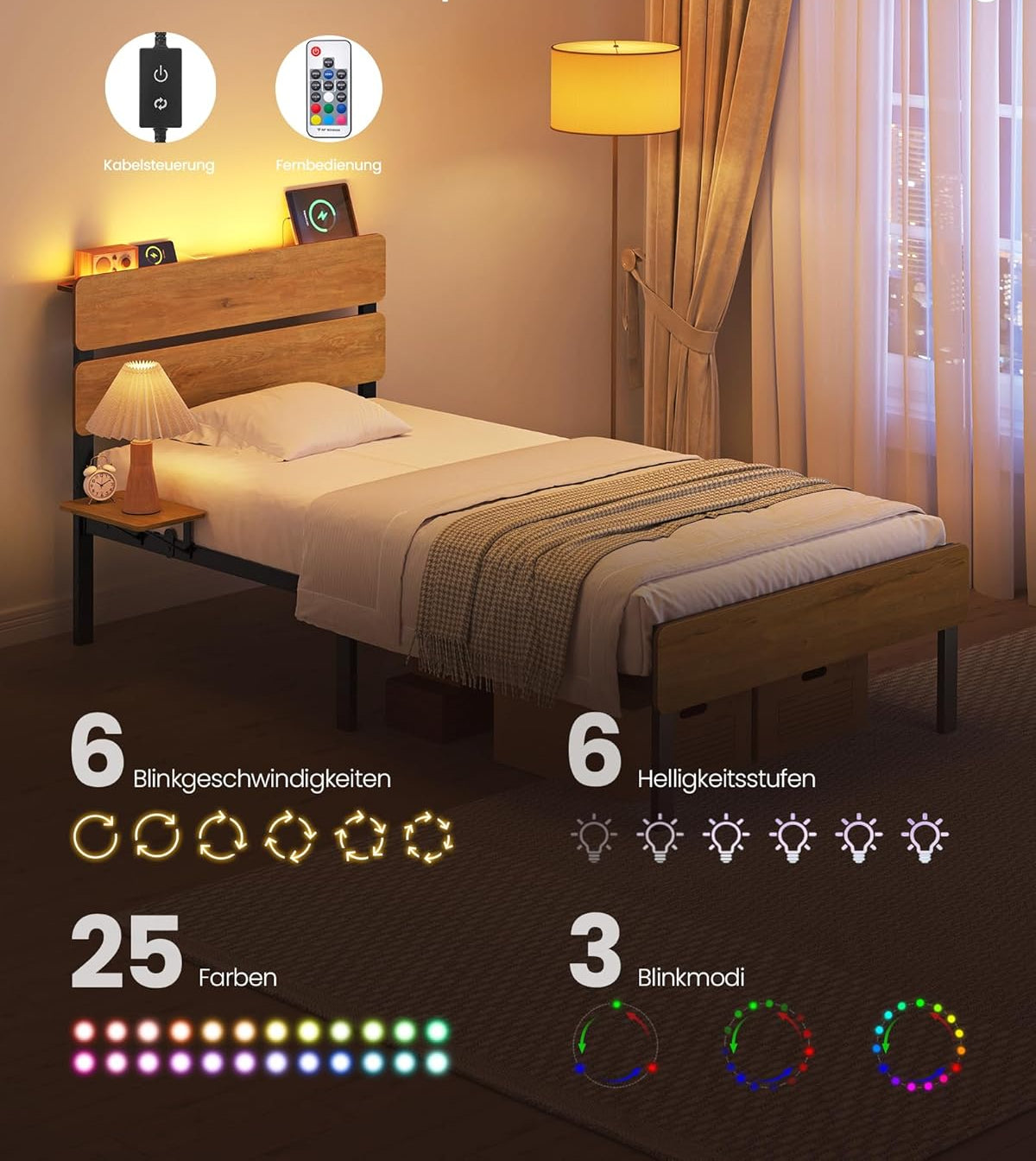 Σκελετός Μονού Κρεβατιού 90 x 200 εκ Μεταλλικός Σκελετός Φωτισμός LED Θύρα USB Αποθήκευση Κάτω από το Κρεβάτι Boho Φυσικό Καφέ RMB-102K01