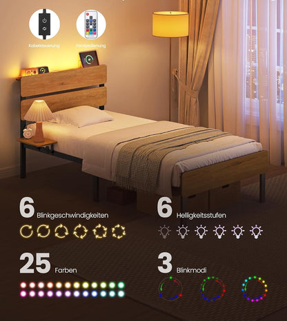 Σκελετός Μονού Κρεβατιού 90 x 200 εκ Μεταλλικός Σκελετός Φωτισμός LED Θύρα USB Αποθήκευση Κάτω από το Κρεβάτι Boho Φυσικό Καφέ RMB-102K01