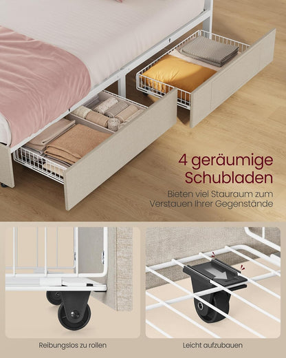 Σκελετός Διπλού Κρεβατιού 140 x 200 εκ. LED Φωτισμό 4 Συρτάρια Αποθήκευσης Σταθμός Φόρτισης Ρυθμιζόμενο Κεφαλάρι με Επένδυση Κρεβάτι Cappuccino Μπεζ RM-B827LH01