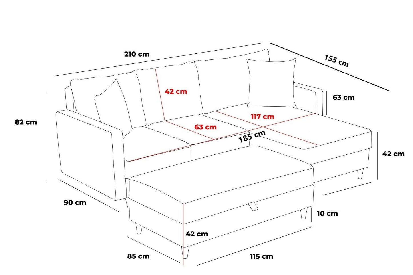 Γωνιακός Καναπές Πολυμορφικός με Πουφ Μπαούλο Υφασμάτινος Αλέκιαστος 825BLC2786
