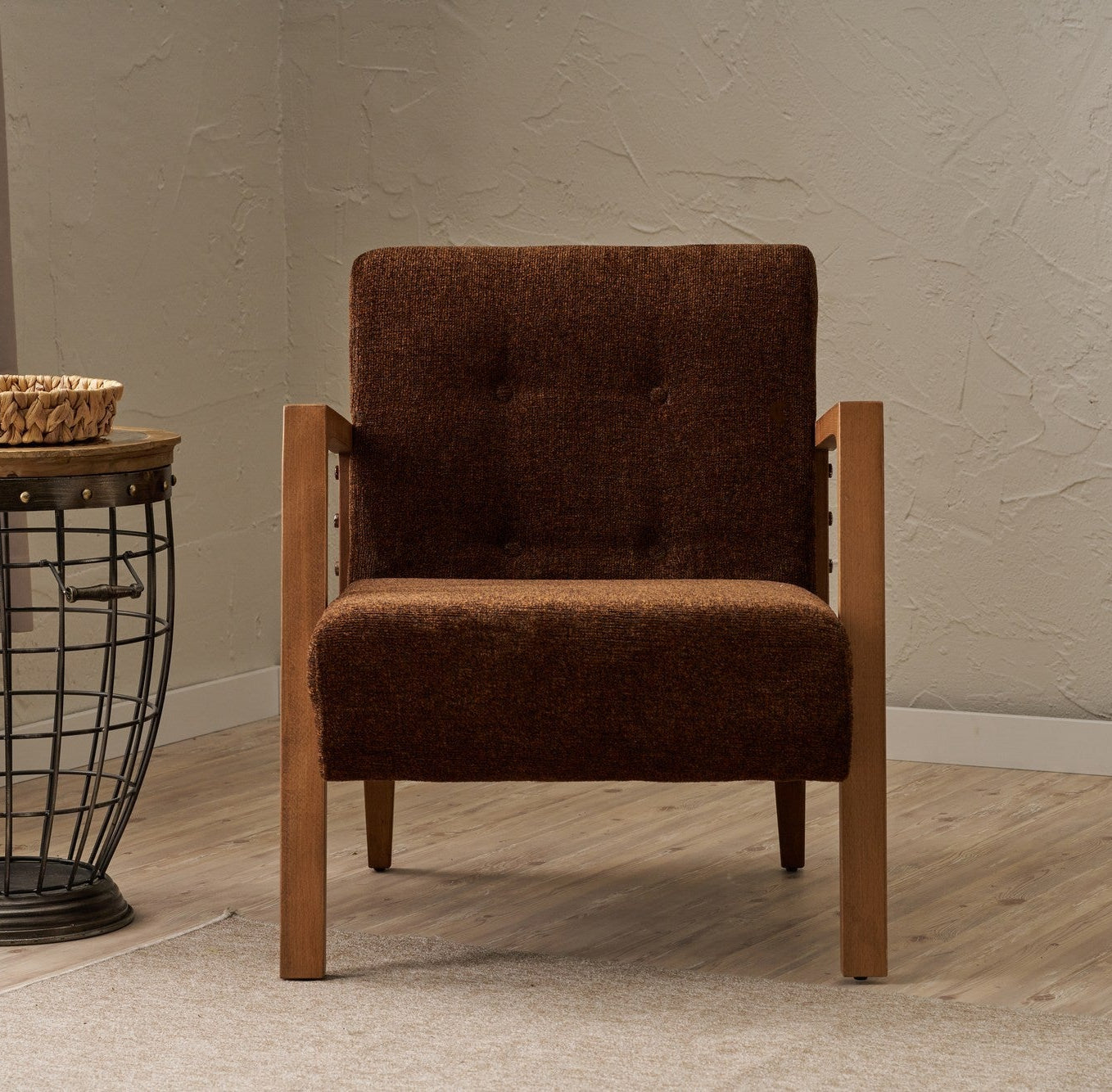 Ρουστίκ Πολυθρόνα Καφέ Υφασμάτινη Σενίλ Σκελετός Μασίφ Ξύλο Οξιά  825BLC2924