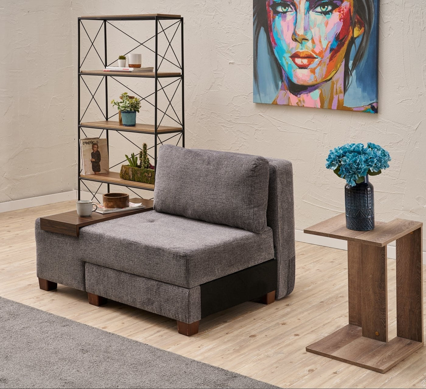 Πολυθρόνα Πολυμορφική Καναπές Κρεβάτι Ύφασμα Chenille Κρεμ Γκρί Με τραπεζάκι Αριστερά 825BLC4712