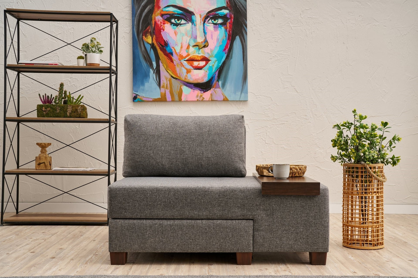 Πολυθρόνα Πολυμορφική Καναπές Κρεβάτι Ύφασμα Λινό Κρεμ Γκρι με Τραπεζάκι Δεξιά 825BLC4717