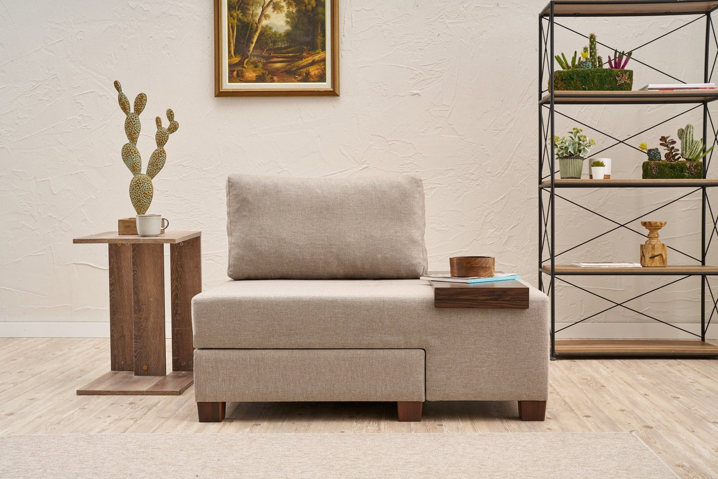 Πολυθρόνα Πολυμορφική Καναπές Κρεβάτι Ύφασμα Λινό Κρεμ Γκρι με Τραπεζάκι Δεξιά 825BLC4717