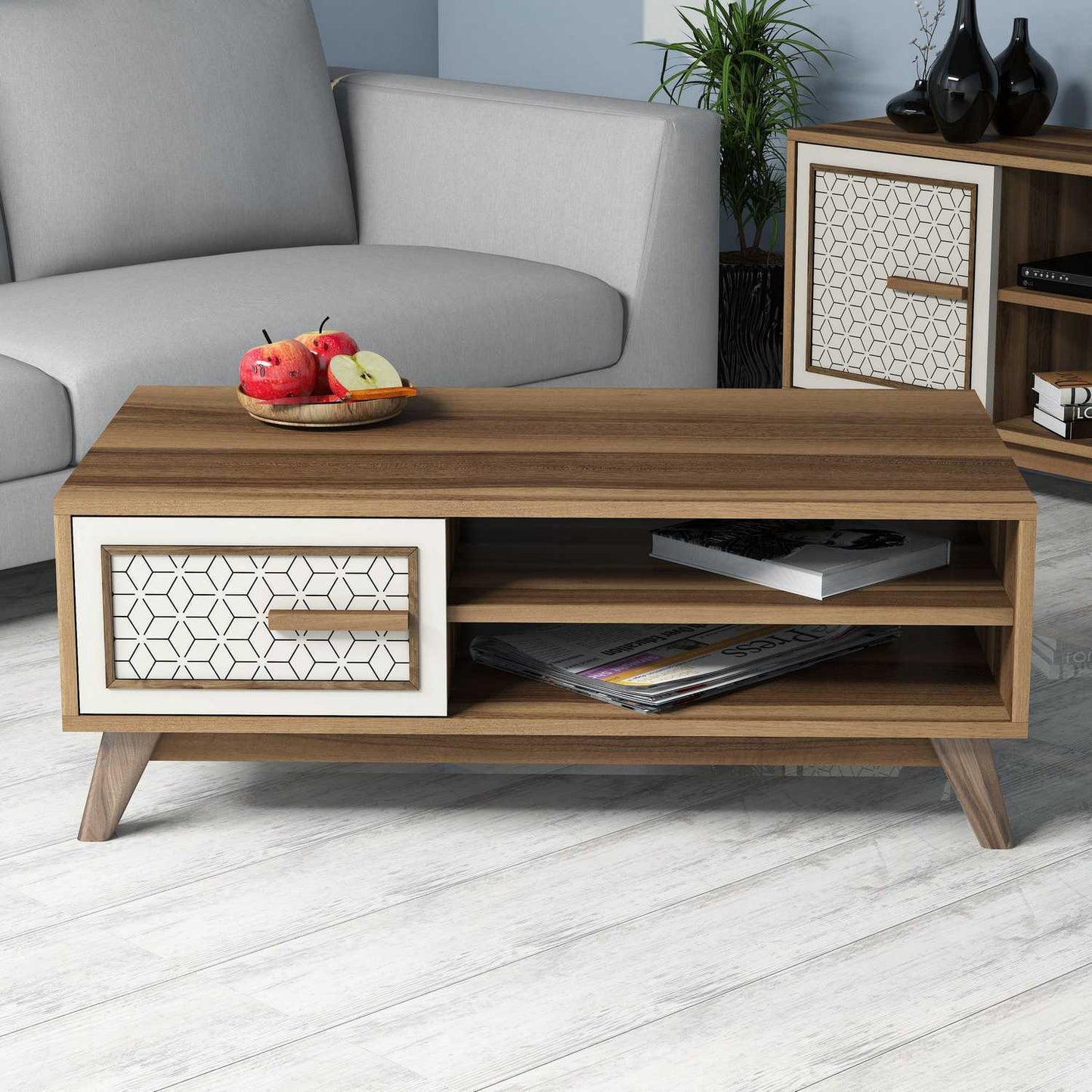 Τραπεζάκι Σαλονιού Καρυδί - Κρεμ 105 x 60 x 38,2 εκ GR845HCT2835