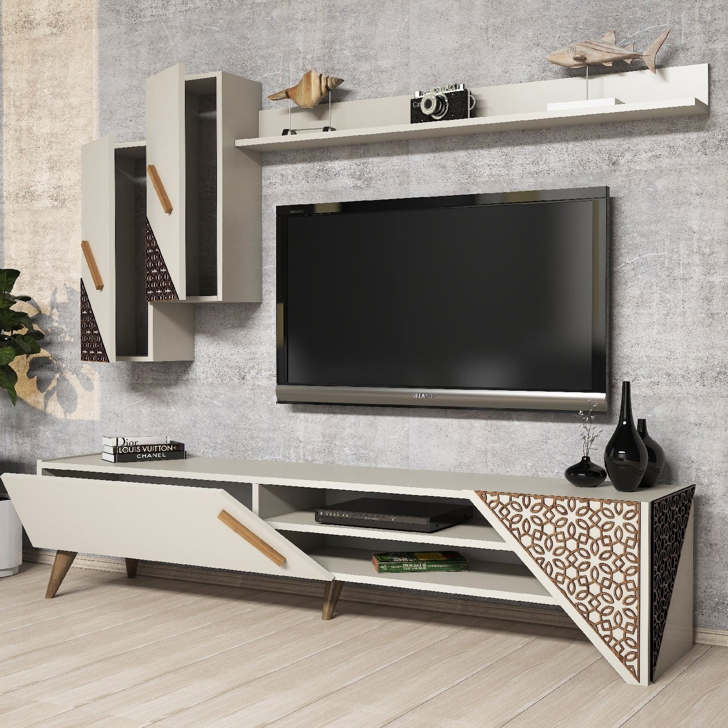Έπιπλο Τηλεόρασης TV Βάση Σύνθεση Κρεμ | 845HCT3003