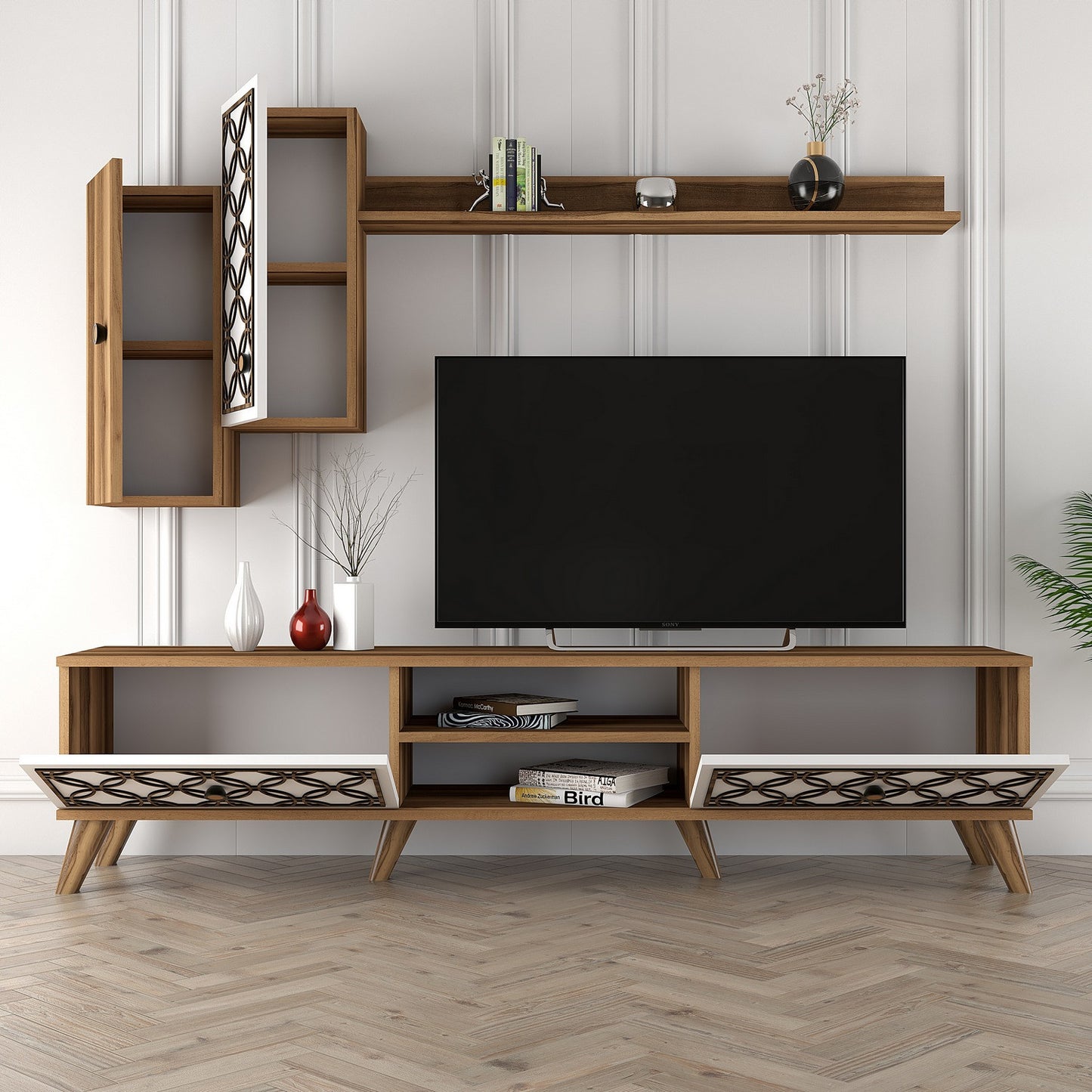 Έπιπλο Τηλεόρασης TV Βάση Σύνθεση Καρυδί Λευκό | 845HCT3011