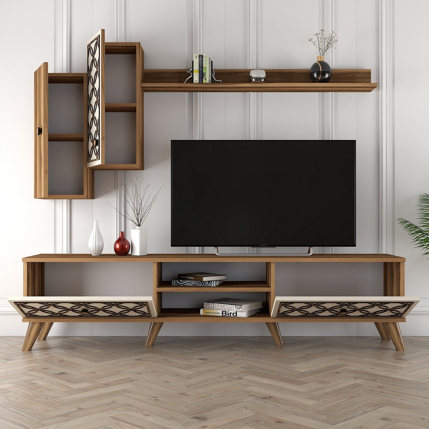 Έπιπλο Τηλεόρασης TV Βάση Σύνθεση Καρυδί Κρεμ | 845HCT3016