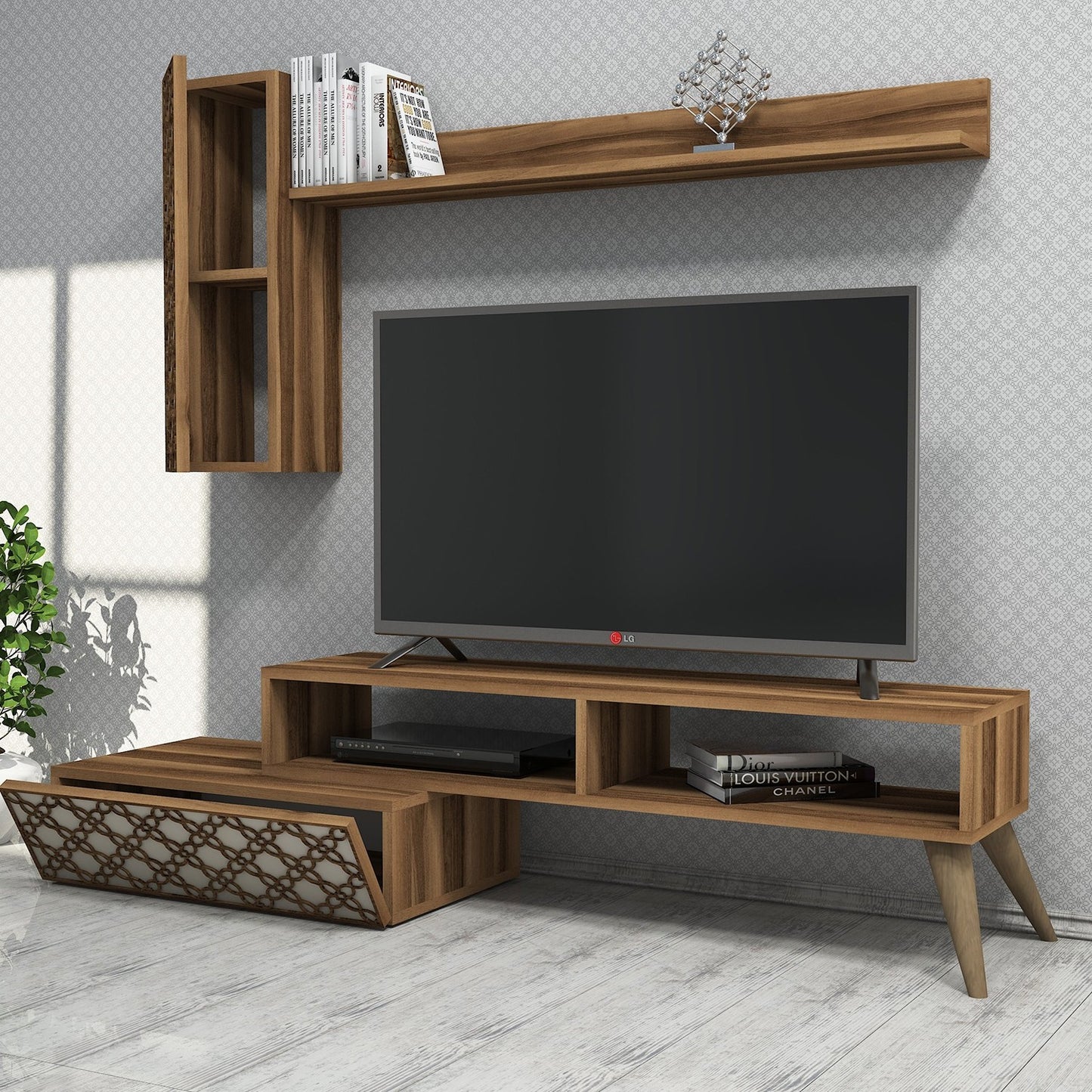 Έπιπλο Τηλεόρασης TV Βάση Σύνθεση Καρυδί Κρεμ | 845HCT3047