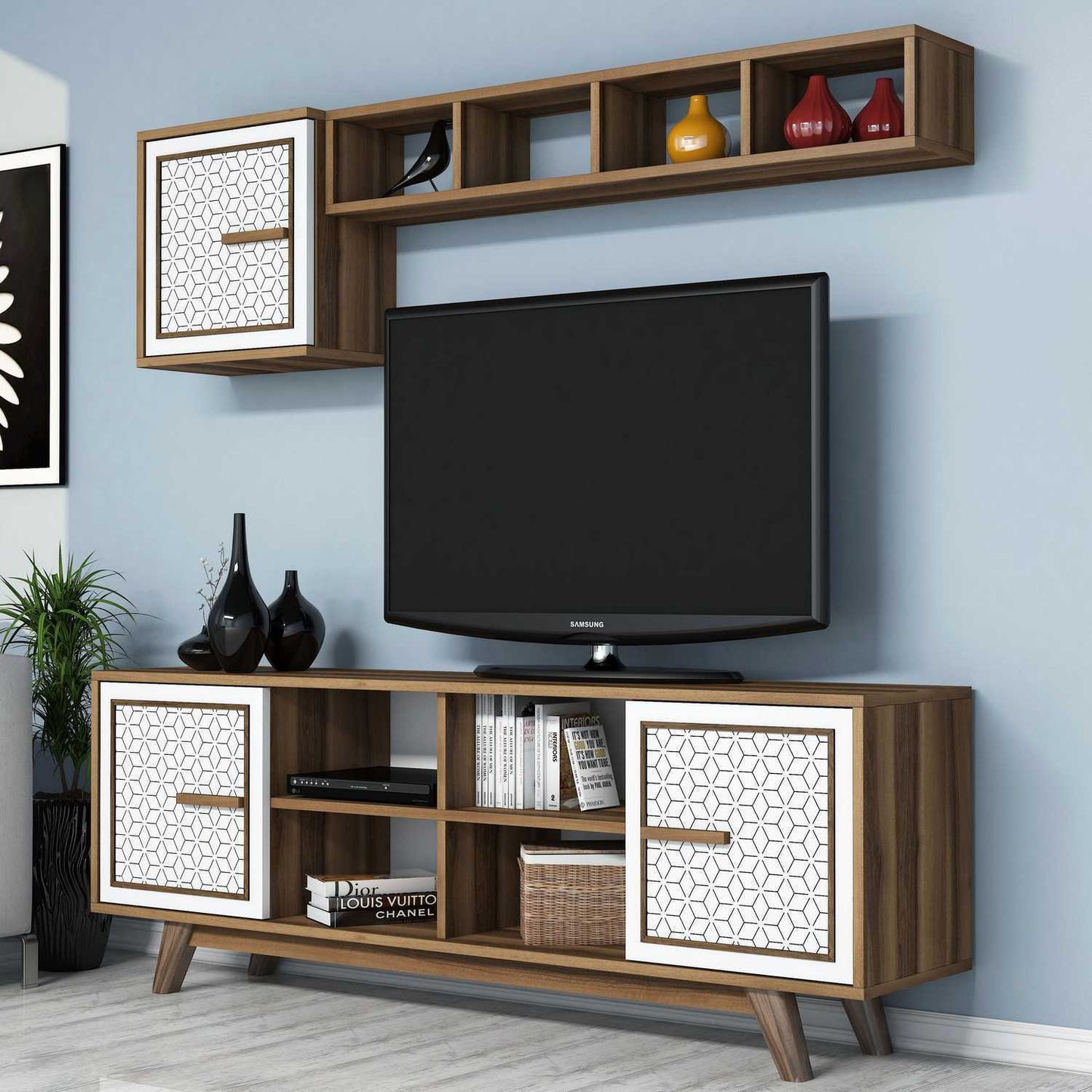 Έπιπλο Τηλεόρασης TV Βάση Σύνθεση Καρυδί Λευκό | 845HCT3063