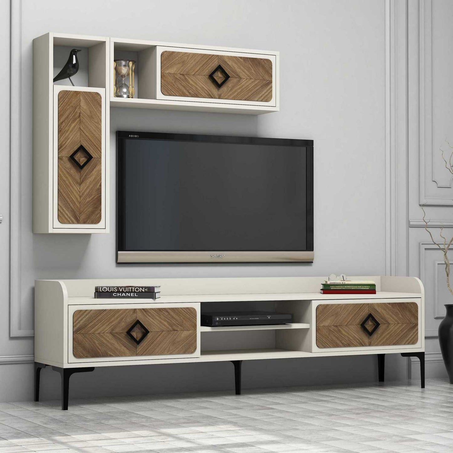Έπιπλο Τηλεόρασης TV Βάση Σύνθεση Καρυδί Κρεμ | 845HCT3075