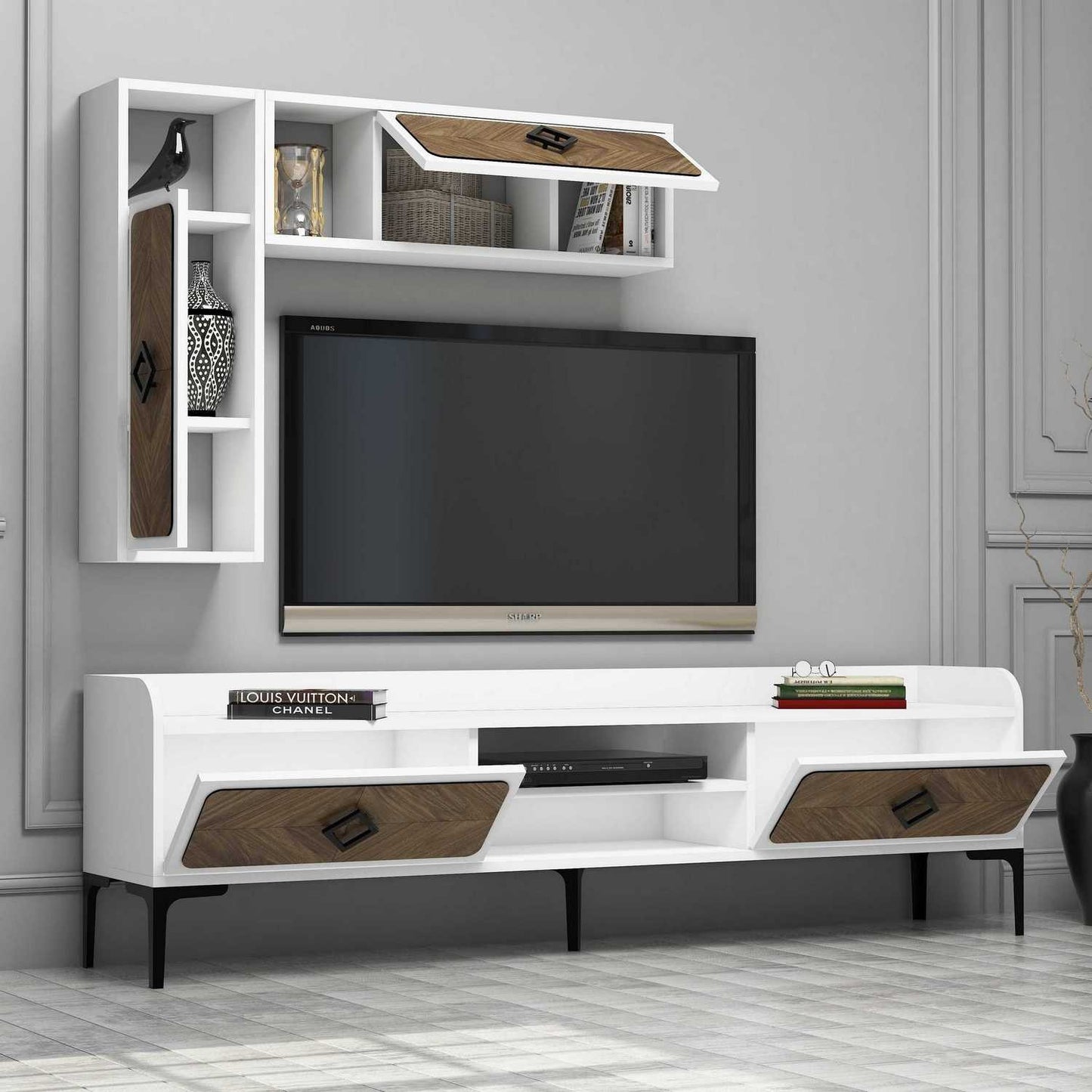 Έπιπλο Τηλεόρασης TV Βάση Σύνθεση Λευκό Καρυδί | 845HCT3076