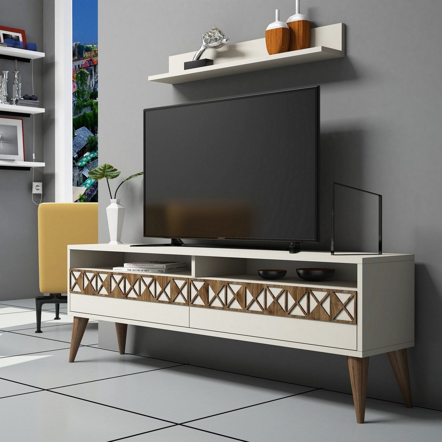 Έπιπλο Τηλεόρασης TV Βάση Σύνθεση Κρεμ | 845HCT3083