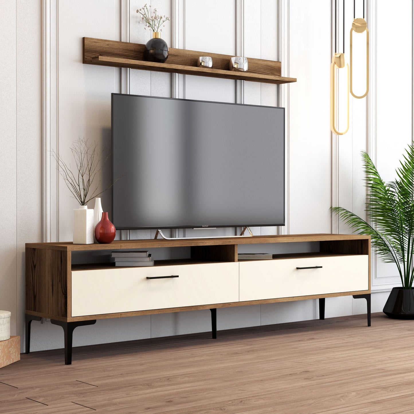 Έπιπλο Τηλεόρασης TV Βάση Σύνθεση Καρυδί Κρεμ | 845HCT3099