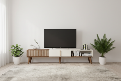 Βάση Τηλεόρασης 180εκ Καρυδιά & Κρέμα με Ράφια Ανθεκτικό Έπιπλο Τηλεόρασης TV 845HCT3107