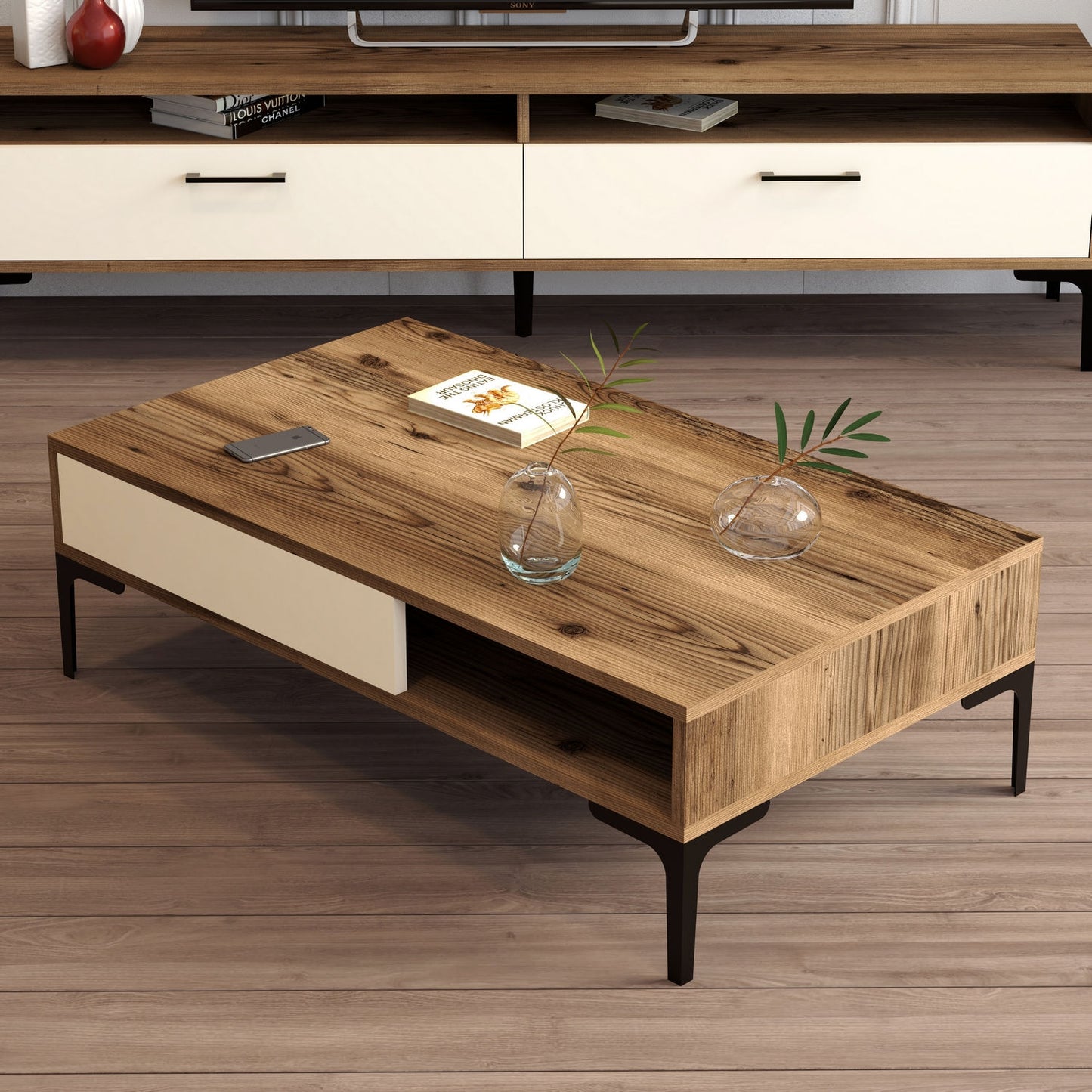 Τραπεζάκι Σαλονιού Καρυδί - Κρεμ 105 x 60 x 32,6 εκ GR845HCT5269