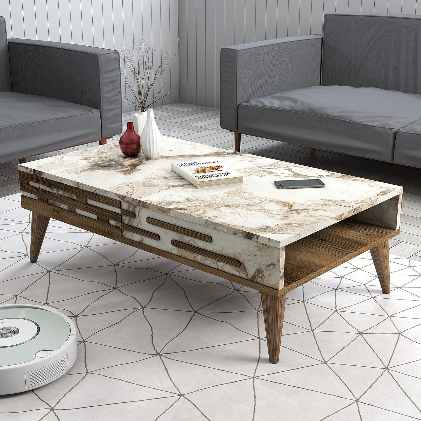 Τραπεζάκι Σαλονιού Καρυδί - Λευκό - Marble 105 x 34,6 x 60 εκ GR845HCT5358