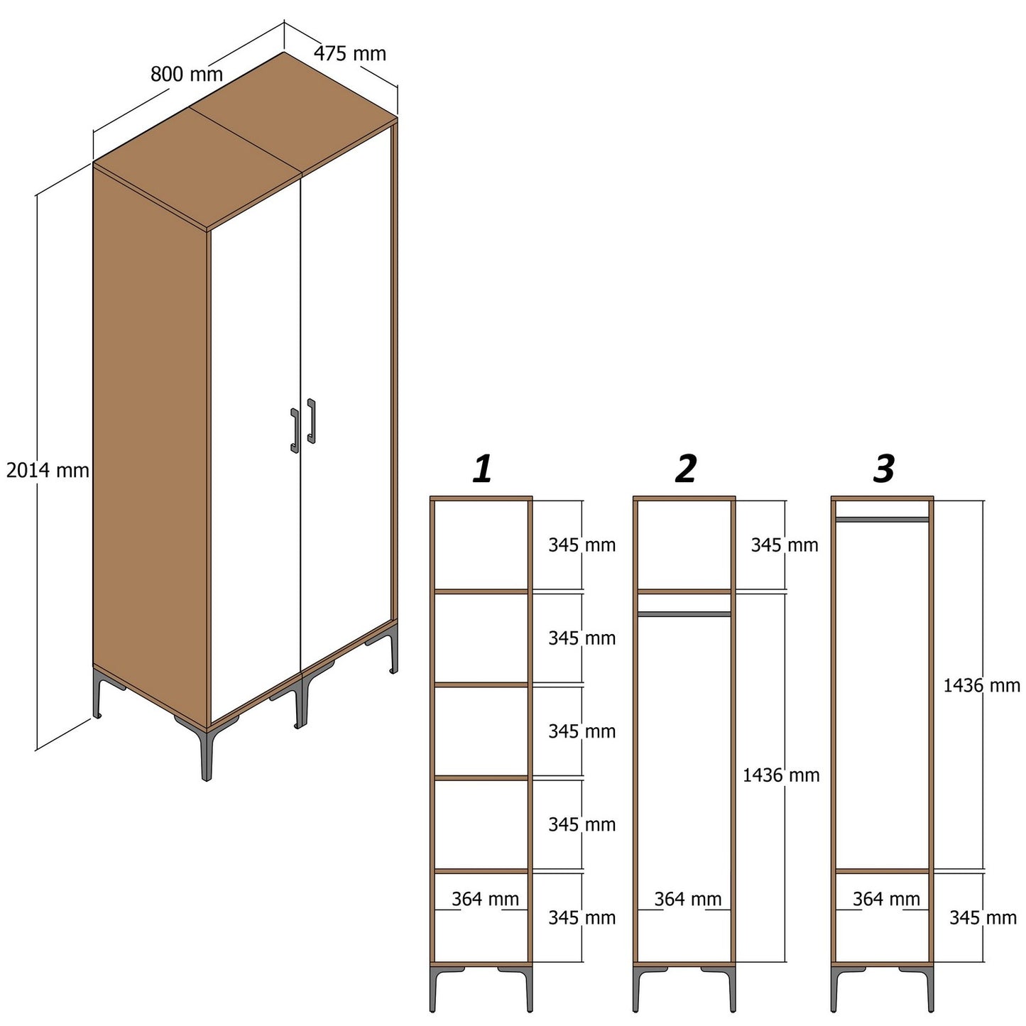 Ντουλάπα 80x201.4x47.5 εκ Walnut White 845HCT5425