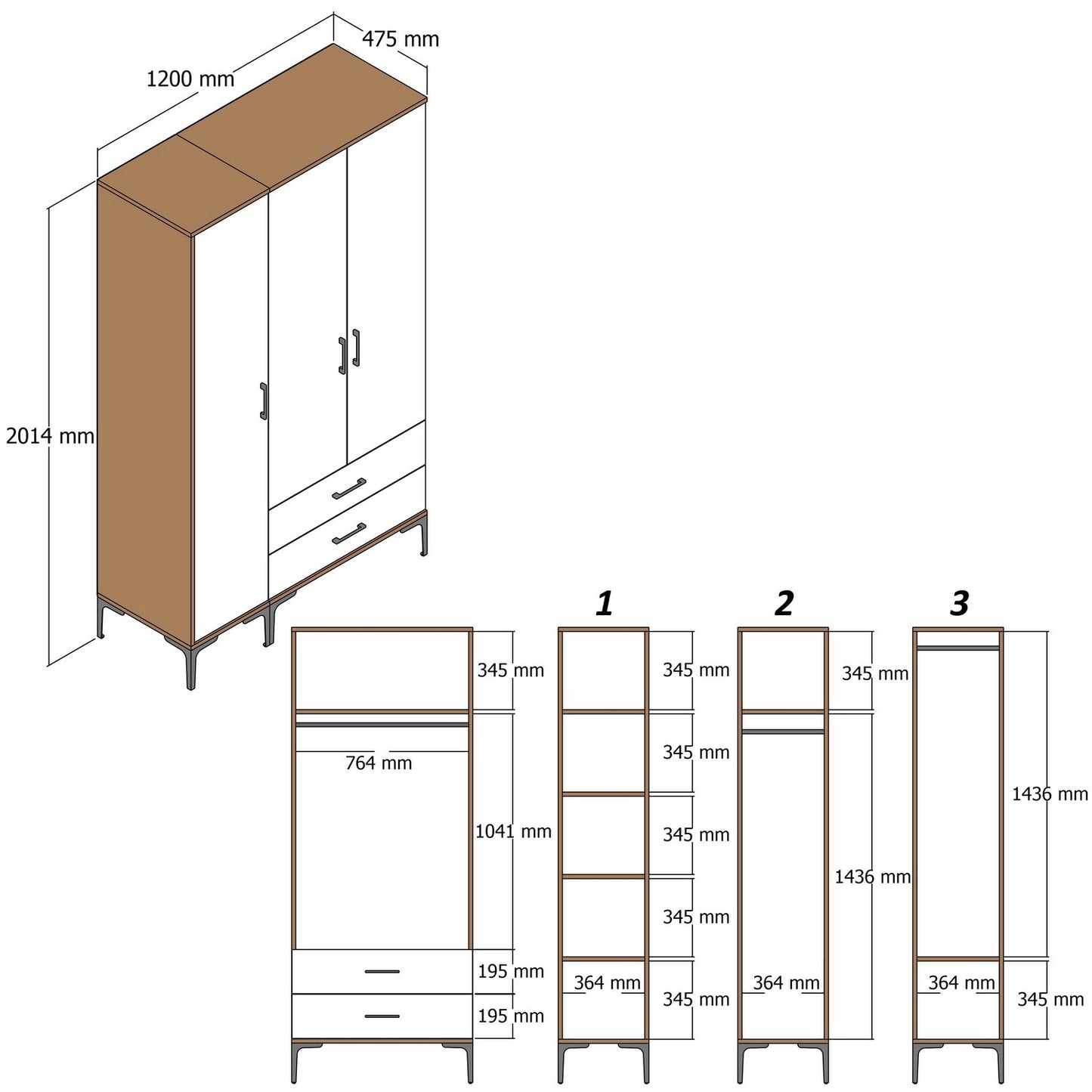 Ντουλάπα 120x201.4x47.5 εκ Walnut Cream 845HCT5456