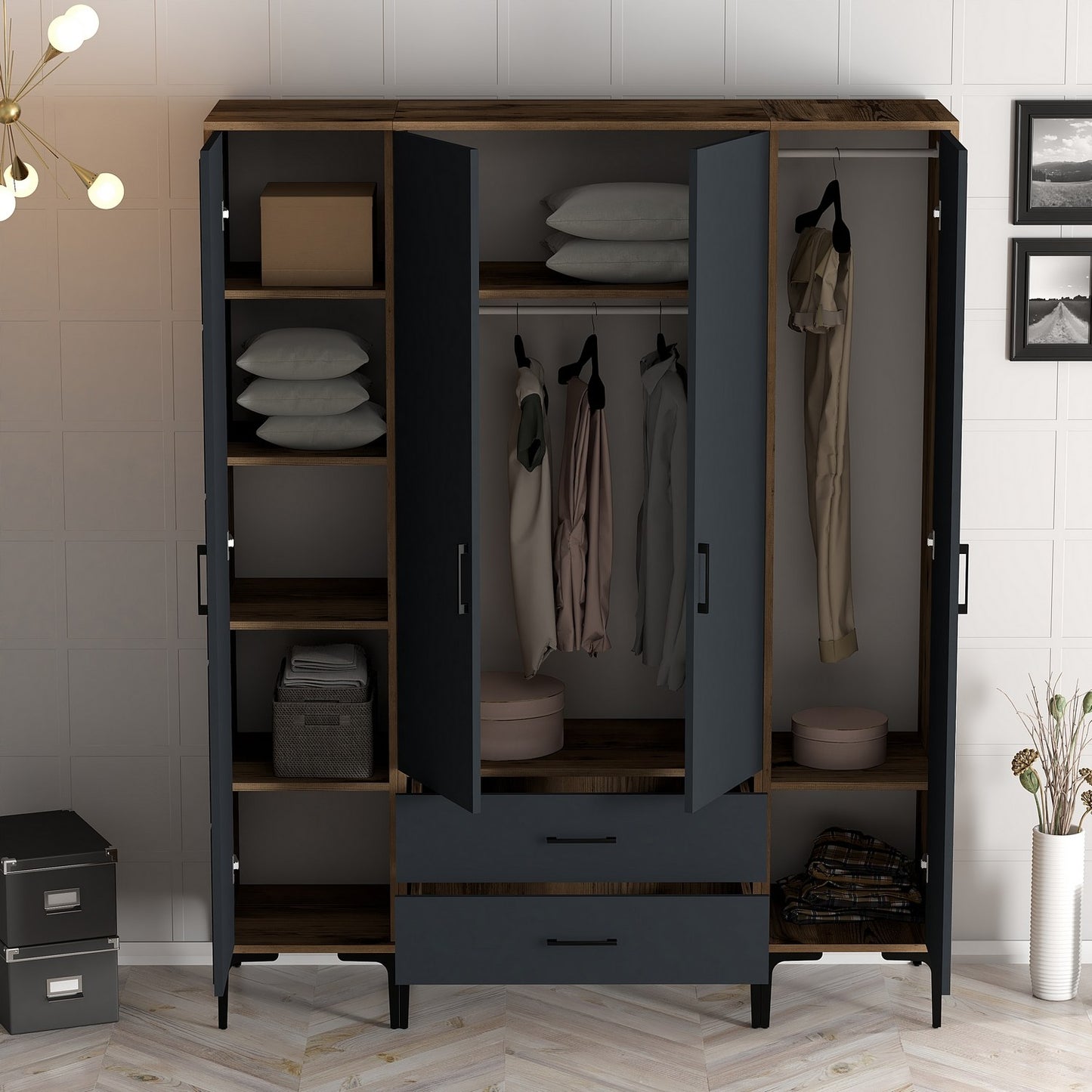 Ντουλάπα 160x201.4x47.5 εκ Walnut Anthracite 845HCT5464