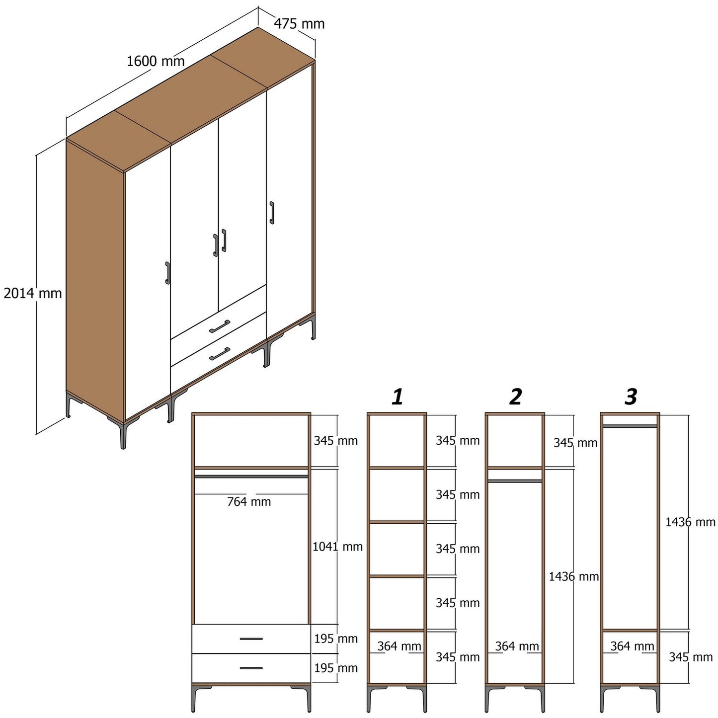 Ντουλάπα 160x201.4x47.5 εκ Καρυδί 845HCT5467