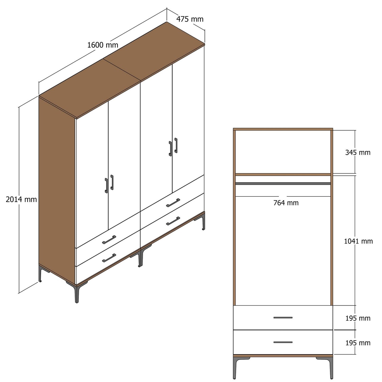 Ντουλάπα 160x201.4x47.5 εκ Καρυδί 845HCT5487