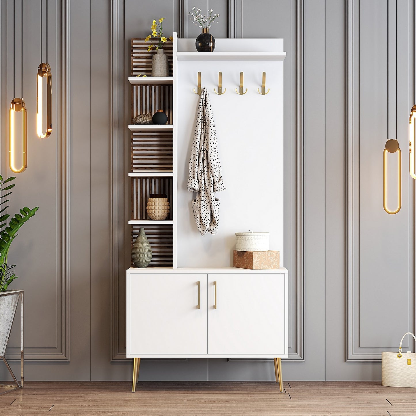 Έπιπλο Εισόδου Βάση Χολ με Ράφια Γάντζους Μοντέρνο Έπιπλο Εισόδου Παπουτσοθήκη 845HCT5524