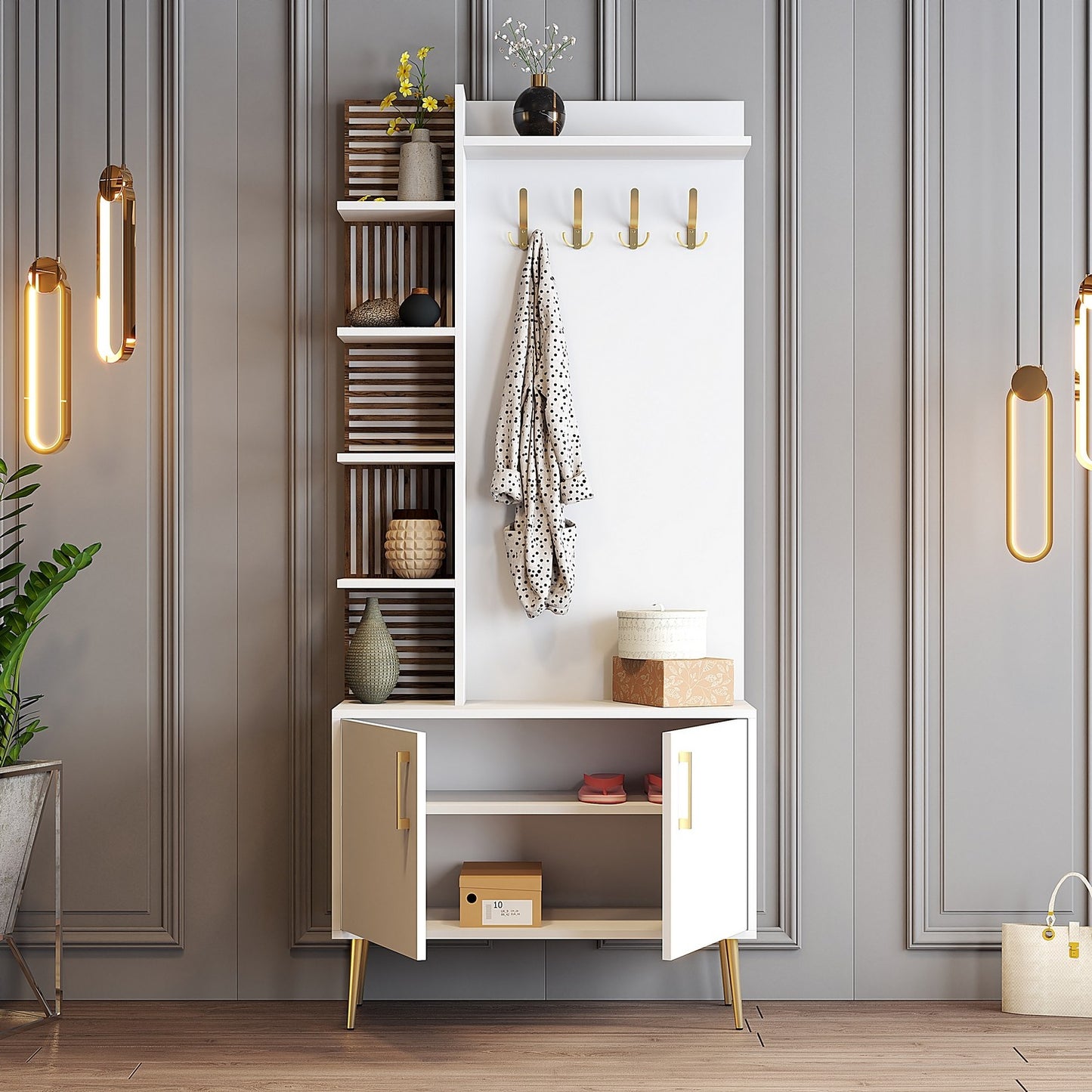 Έπιπλο Εισόδου Βάση Χολ με Ράφια Γάντζους Μοντέρνο Έπιπλο Εισόδου Παπουτσοθήκη 845HCT5524