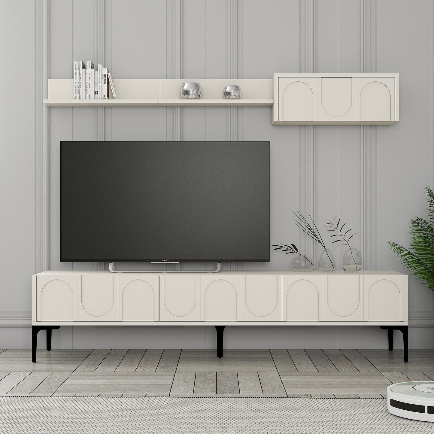 Έπιπλο Τηλεόρασης TV Βάση Σύνθεση Κρεμ Μαύρο | 845HCT5584