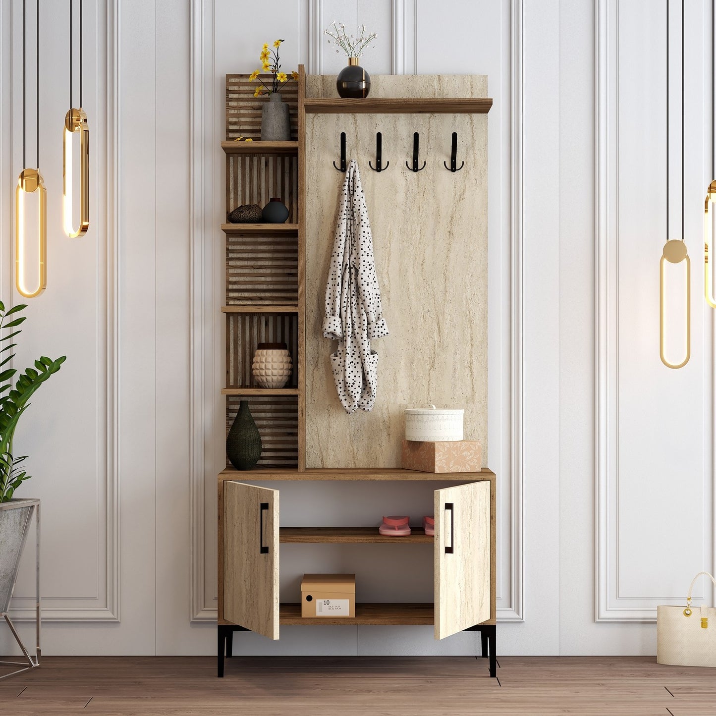 Έπιπλο Εισόδου Βάση Χολ με Ράφια Γάντζους Μοντέρνο Βιομηχανικό Έπιπλο Εισόδου Παπουτσοθήκη 845HCT5613