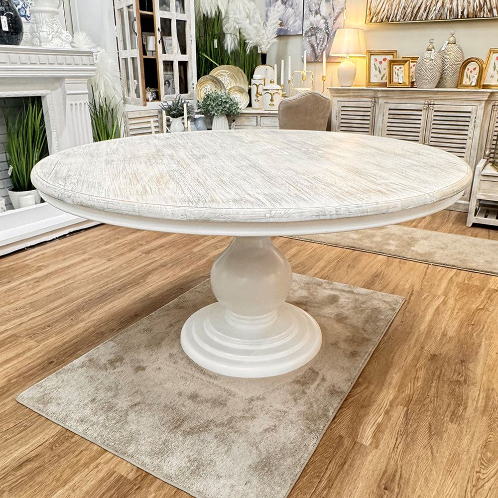 Τραπέζι Τραπεζαρίας Ροτόντα Μασίφ Ξύλο 152 εκ Στρόγγυλο Λευκό Παλαιωμένο Vintage 85256