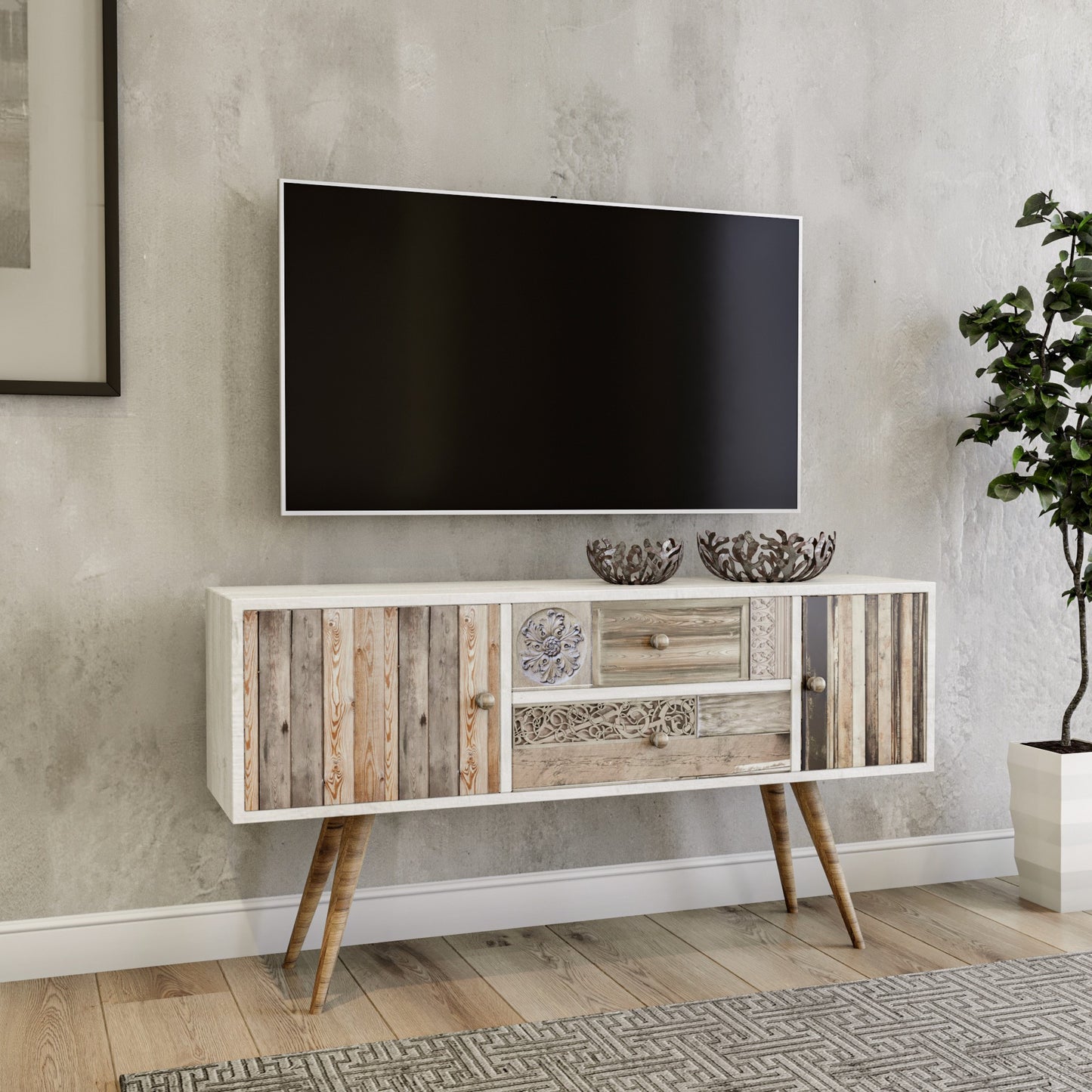 Έπιπλο Τηλεόρασης TV Βάση Σύνθεση Λευκό Καρυδί | 854KLN3016