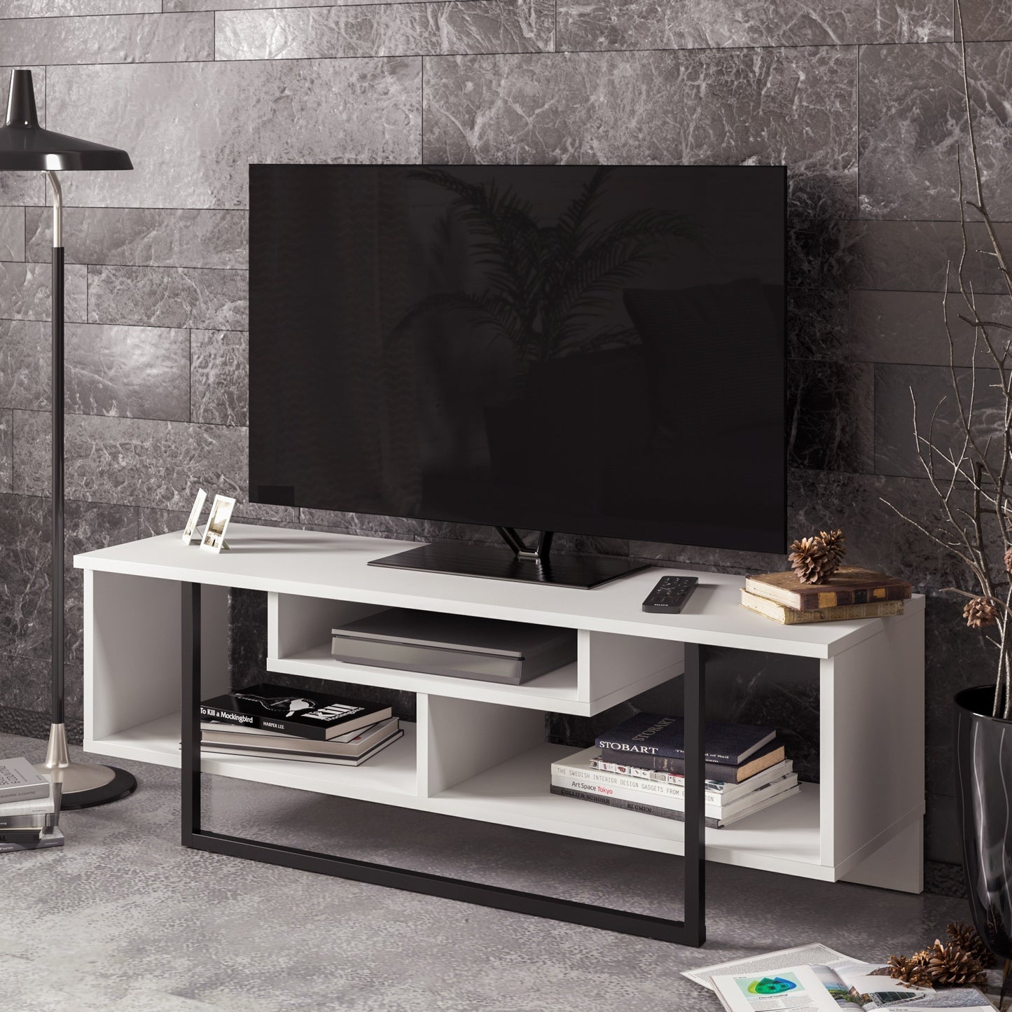 Έπιπλο Τηλεόρασης TV Βάση Σύνθεση Λευκό Μαύρο | 875ZNA3045