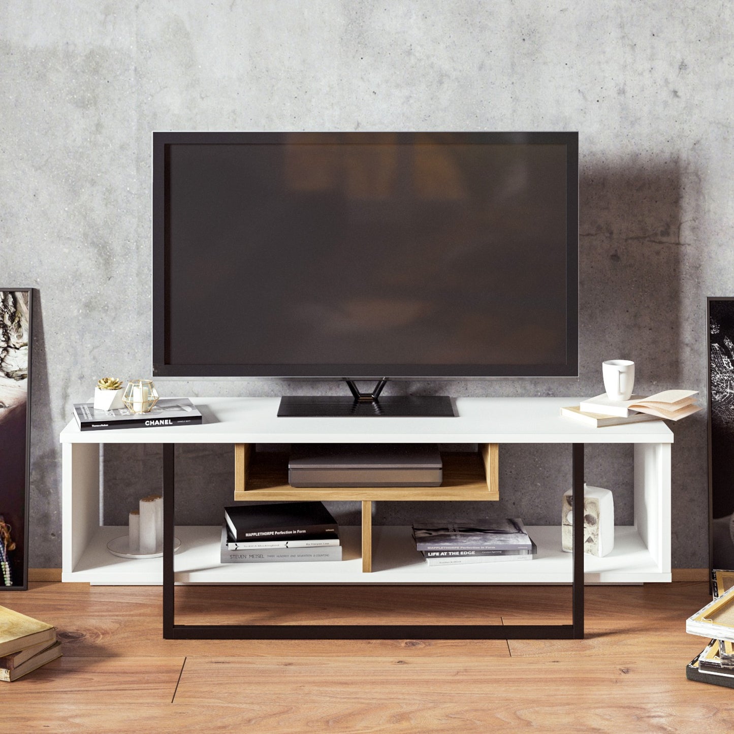 Έπιπλο Τηλεόρασης TV Βάση Σύνθεση Λευκό Μαύρο Δρυς | 875ZNA3046