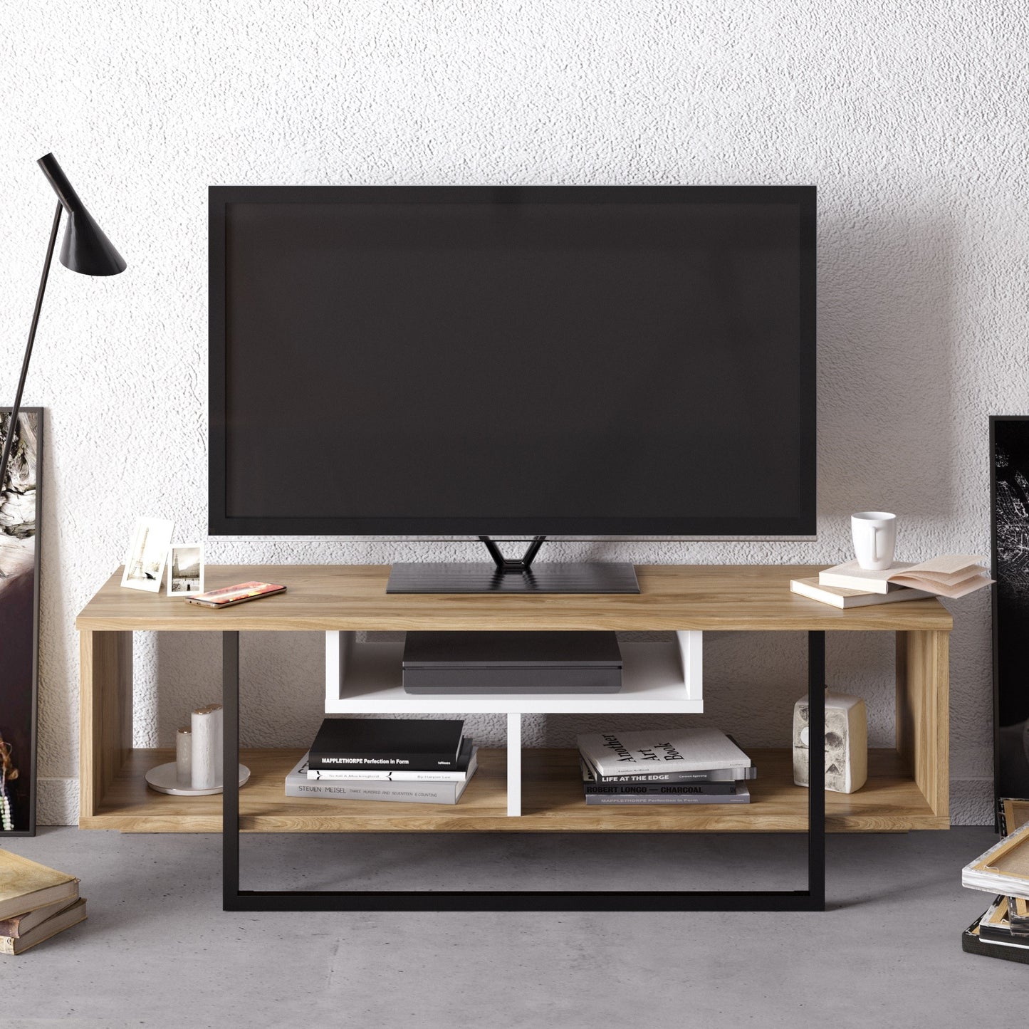 Έπιπλο Τηλεόρασης TV Βάση Σύνθεση Λευκό Μαύρο Δρυς | 875ZNA3048