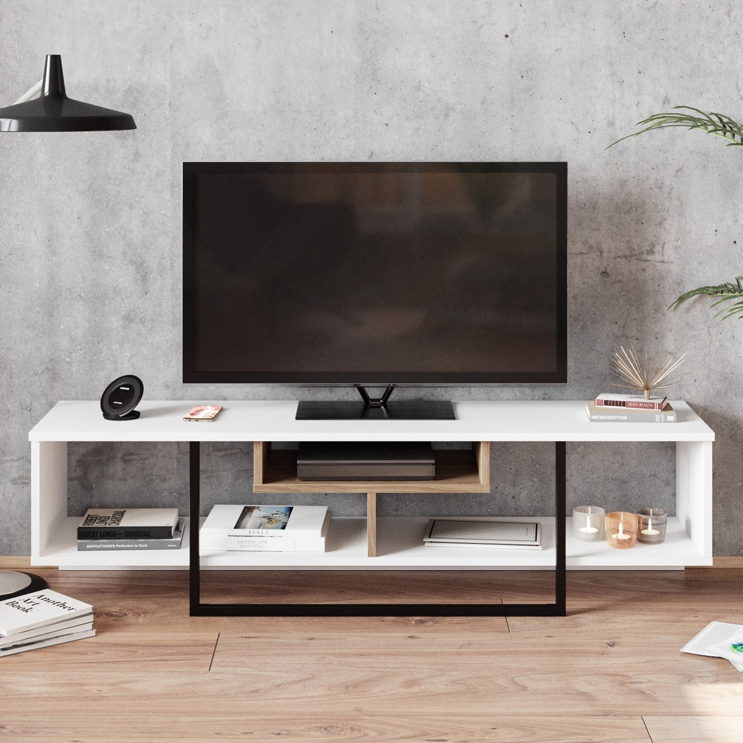Έπιπλο Τηλεόρασης TV Βάση Σύνθεση Λευκό Μαύρο Δρυς | 875ZNA3050